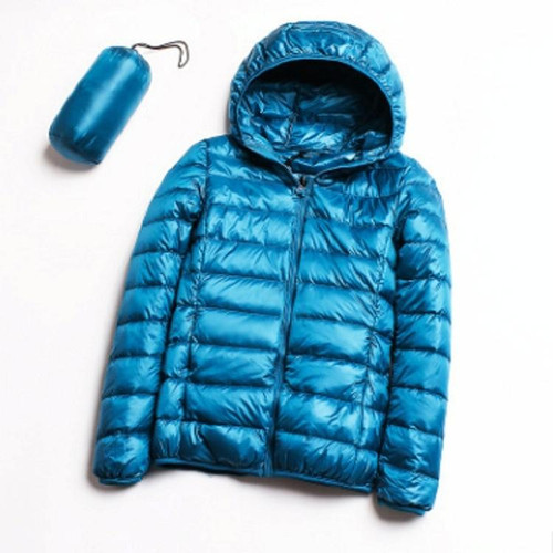 Casual Ultra Light White Duck Down Jacket Women Autumn Winter Warm Coat Hooded Parka, Size:L(Lake Blue)