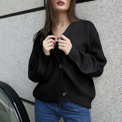 Fashion Cardigan Solid Color Knit Button Sweater (Color:Black Size:L)