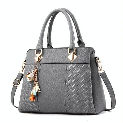 Fashion Women Tassel PU Leather Embroidery Crossbody Bag Shoulder Bag Simple Style Hand Bags(gray)