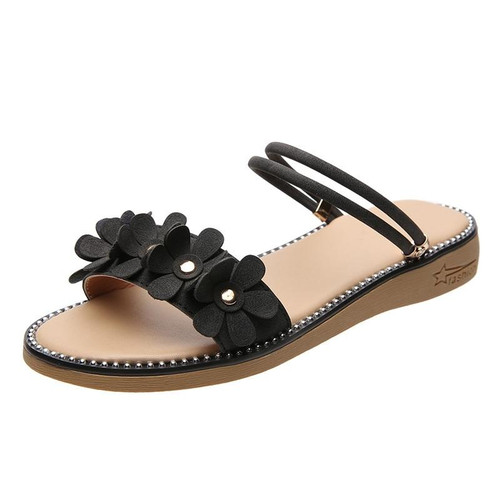 Casual Wild Flower Flat Sand Booth Two-wear Non-slip Sandals slippers for Women (Color:Black Size:40)