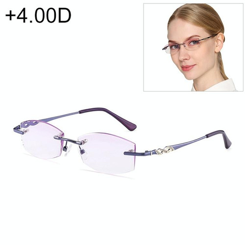 Women Rimless Rhinestone Trimmed Purple Presbyopic Glasses, +4.00D