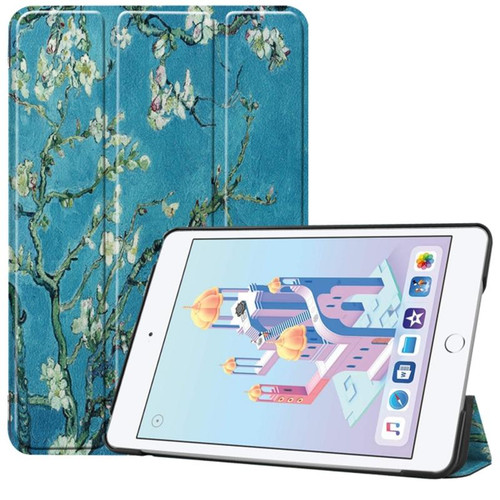 Apricot Flower Pattern Custer Texture Horizontal Flip PU Leather Case for iPad Mini 2019 / Mini 4 , with Three-folding Holder & Sleep / Wake-up Function