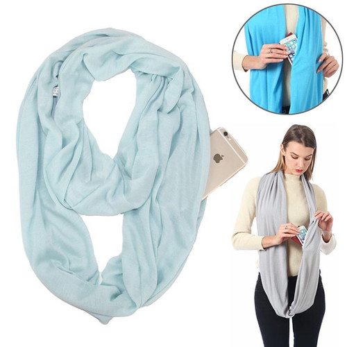 Women Solid Winter Infinity Scarf Pocket Loop Zipper Pocket Scarves (Baby Blue)