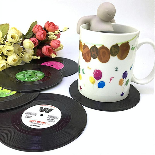 6 PCS/Set Retro Black Vinyl CD Record Drink Coasters Home Table Cup Mat Decor Coffee Drink Placemat Tableware Spinning, Diameter: 10.7cm