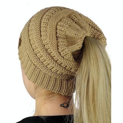CC Letter Ponytail Cap Knitting Hat for Ladies(Brown)