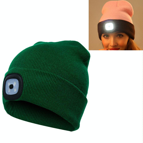 Unisex Warm Winter Polyacrylonitrile Knit Hat Adult Head Cap with 4 LED Lights(Dark Green)