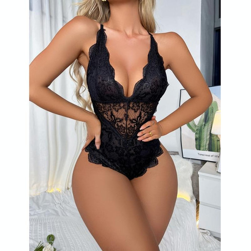 Women Sexy Lingerie Lace Hollow Out Temptation Bodysuits Deep V Neck Underwear, Size: S(Black)