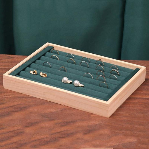 Solid Wooden Velvet Jewelry Display Tray Ring Earring Bracelet Storage And Organization Box, Specification: Medium Dark Green Solid Wooden Velvet Jewelry Display Tray Ring Earring Bracelet Storage And Organization Box, Specification: Medium Dark Green