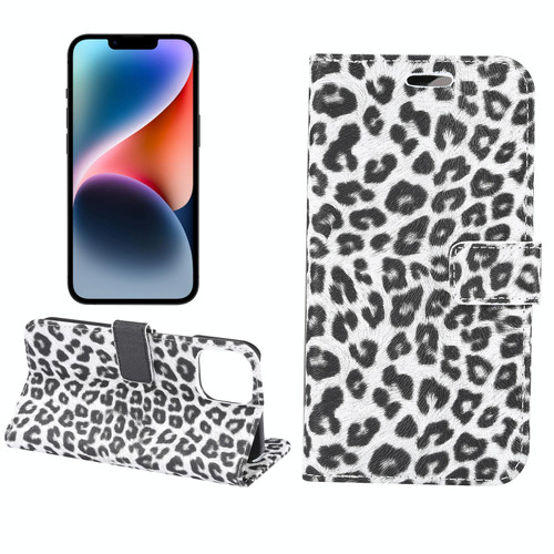 For iPhone 15 Leopard Pattern Horizontal Flip Leather Phone Case(White)