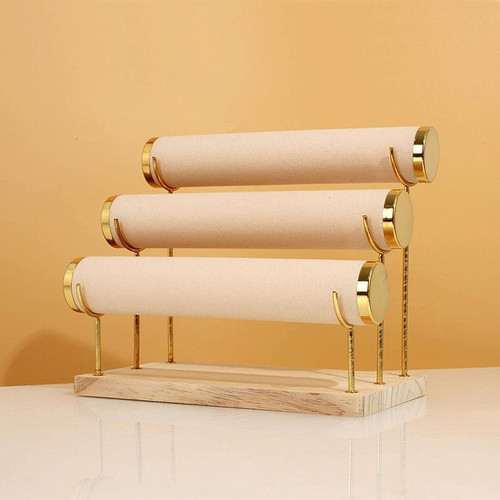 Three Layer Wooden Bottom Metal Stand Jewelry Display Stand Bracelet Watch Bangle Show Rack, Color: Rice Yellow Three Layer Wooden Bottom Metal Stand Jewelry Display Stand Bracelet Watch Bangle Show Rack, Color: Rice Yellow