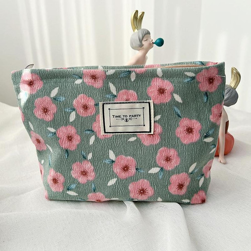 Vintage Corduroy Cosmetic Bag Flower Travel Portable Washing Bag(Cherry)