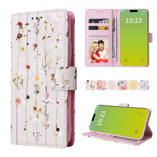 For iPhone 15 Bronzing Painting RFID Leather Case(Dreid Flower World)