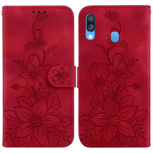 For Samsung Galaxy A40 Lily Embossed Leather Phone Case(Red) For Samsung Galaxy A40 Lily Embossed Leather Phone Case(Red)