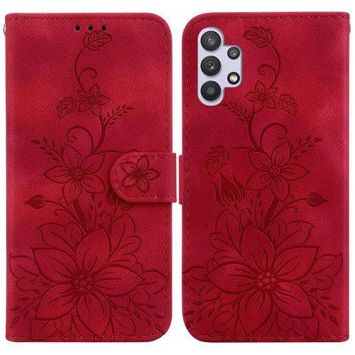 For Samsung Galaxy A32 4G Lily Embossed Leather Phone Case(Red)