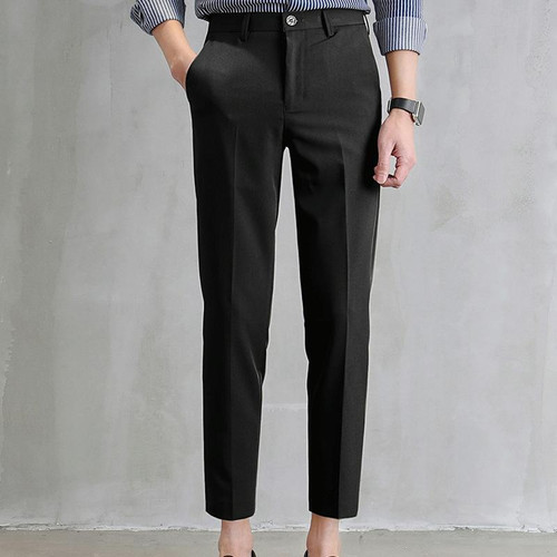 Mens Thin Black Suit Pants Casual Straight Leg Nine Minute Pants, Size: 28(Black)