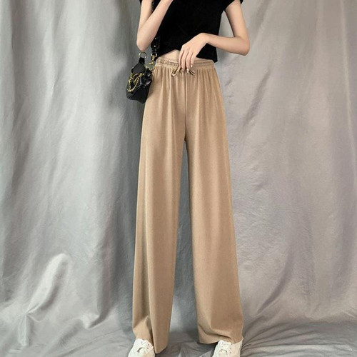 Summer Ice Silk Drooping Wide-Leg Pants High-Waisted Loose Straight Leg Lounge Pants, Size: L(Khaki)