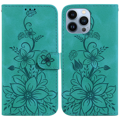 For iPhone 13 Pro Lily Embossed Leather Phone Case(Green)