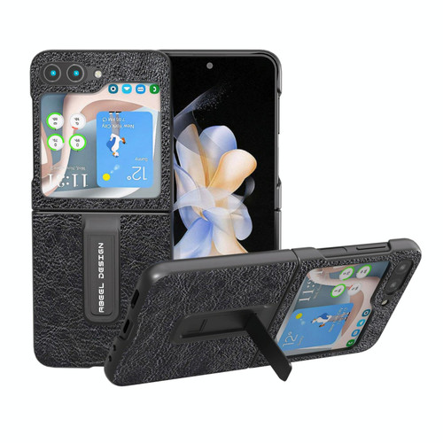 For Samsung Galaxy Z Flip5 ABEEL Retro Litchi Texture PU Phone Case with Holder(Black)