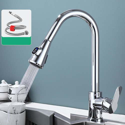 Kitchen Pull-out Universal Telescopic Hot & Cold Water Faucet, Specification: Copper Digital Display Electroplating