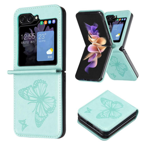For Samsung Galaxy Z Flip5 Embossing Two Butterflies Leather Phone Case(Green) For Samsung Galaxy Z Flip5 Embossing Two Butterflies Leather Phone Case(Green)