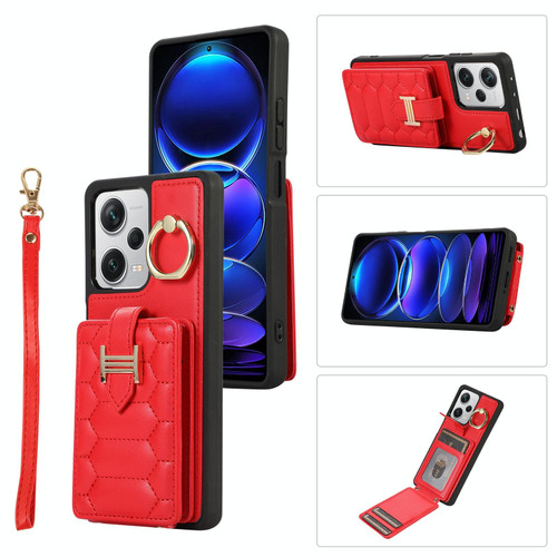 For Xiaomi Redmi Note 12 Pro 5G Global Vertical Card Bag Ring Holder Phone Case with Dual Lanyard(Red)