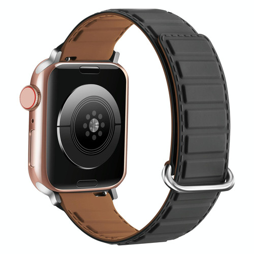 For Apple Watch 7 41mm Reverse Buckle Magnetic Silicone Watch Band(Silver Buckle Grey Brown)