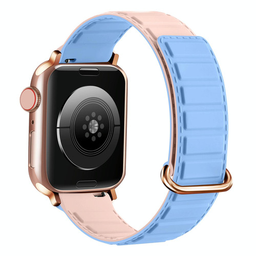 For Apple Watch 3 38mm Reverse Buckle Magnetic Silicone Watch Band(Rose Buckle Blue Pink)