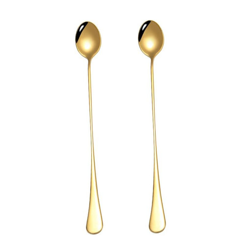 2pcs 304 Stainless Steel Long Handle Thickened Pointed Spoon Coffee Ice Drink Mixing Spoon, Color: Titanium Gold