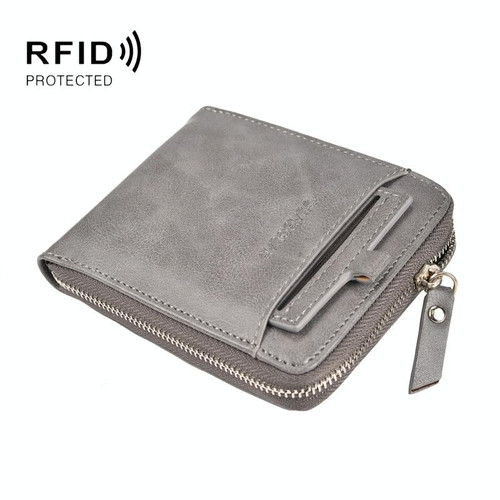DEABOLAR Men Short Type PU Wallet Retro Zipper RFID Antimagnetic Card Holder(Grey)