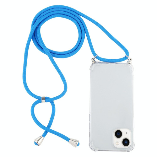 For iPhone 15 Four-Corner Shockproof Transparent TPU Case with Lanyard(Blue)