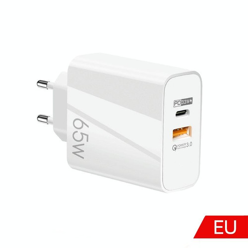A502 65W USB-C/Type-C+USB Dual Port GaN Charger QC3.0 Laptop Universal Charger EU Plug White