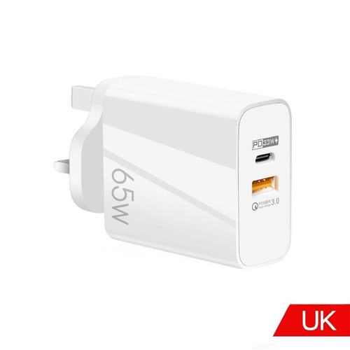 A502 65W USB-C/Type-C+USB Dual Port GaN Charger QC3.0 Laptop Universal Charger UK Plug White