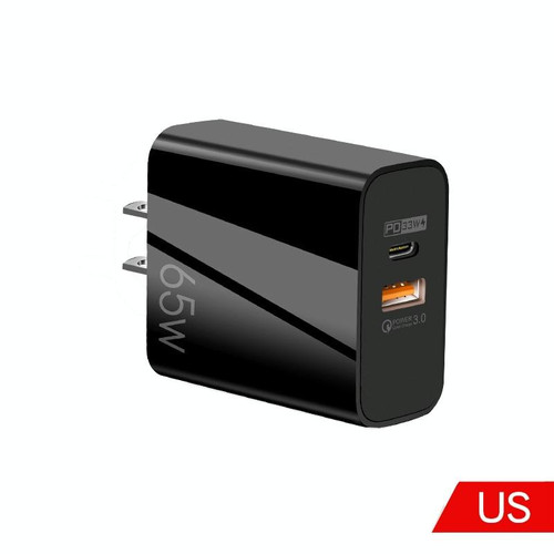 A502 65W USB-C/Type-C+USB Dual Port GaN Charger QC3.0 Laptop Universal Charger US Plug Black