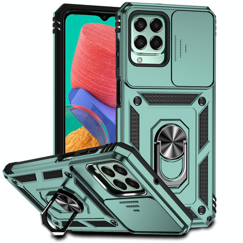 For Samsung Galaxy M33 Sliding Camshield Holder Phone Case(Dark Green)