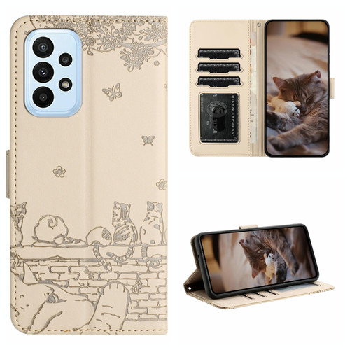 For Samsung Galaxy A72 Cat Embossing Pattern Leather Phone Case with Lanyard(Beige)