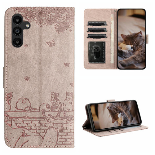 For Samsung Galaxy A14 Cat Embossing Pattern Leather Phone Case with Lanyard(Grey)