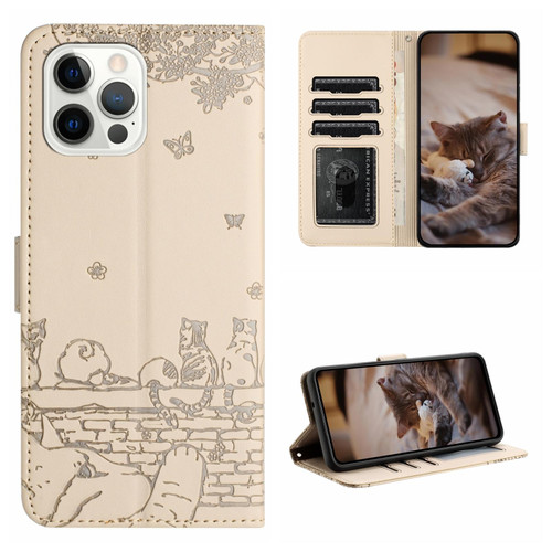 For iPhone 15 Pro Max Cat Embossing Pattern Leather Phone Case with Lanyard(Beige)