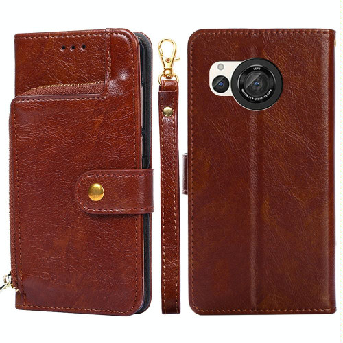 For Sharp Aquos R8 SH-52D Zipper Bag Leather Phone Case(Brown)