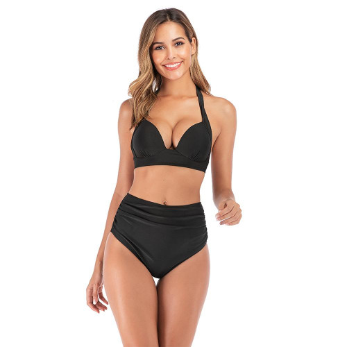 Lace-Up Halter Backless High-Waisted Swimsuit Split Printed Bikini Swimsuit, Size: XXXL(Black)