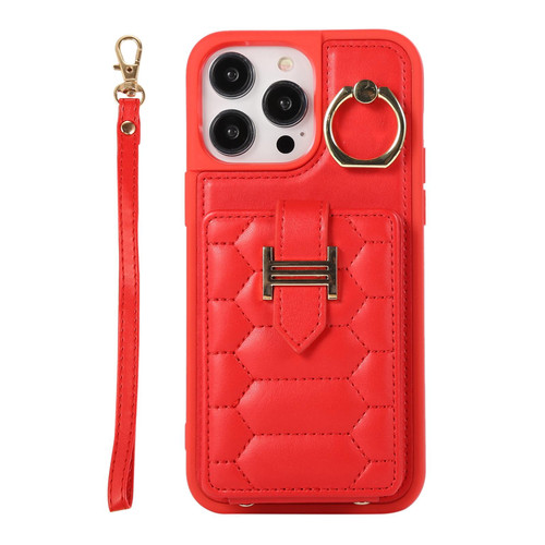 For iPhone 14 Pro Vertical Card Bag Ring Holder Phone Case with Dual Lanyard(Red)