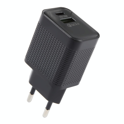 LZ-106A+C PD 20W USB-C/Type-C+QC 3.0 USB Ports Plaid Pattern Travel Charger, EU Plug(Black)