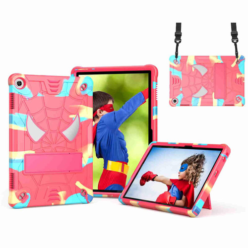 For Lenovo Tab M10 3rd Gen Spider Texture Silicone Hybrid PC Tablet Case with Shoulder Strap(Camouflage + Rose Red)