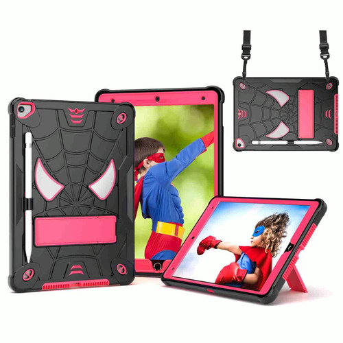 For iPad 10.2 2021 / 2020 / 2019 Spider Texture Silicone Hybrid PC Tablet Case with Shoulder Strap(Black + Rose Red)