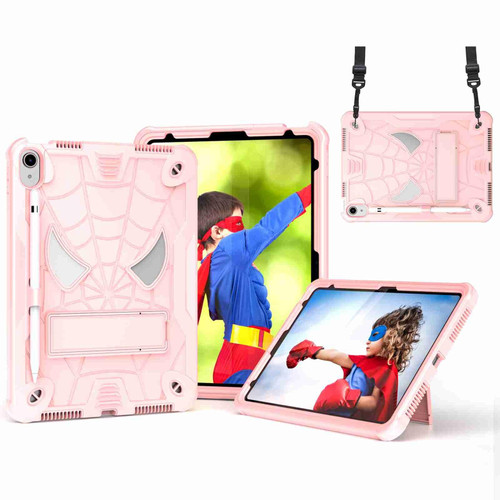 For iPad 10th Gen 10.9 2022 Spider Texture Silicone Hybrid PC Tablet Case with Shoulder Strap(Rose Gold)