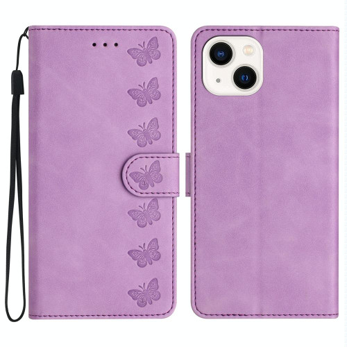 For iPhone 13 Seven Butterflies Embossed Leather Phone Case(Purple)