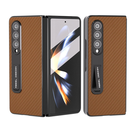 For Samsung Galaxy Z Fold3 5G Carbon Fiber Texture Integrated Protective Phone Case with Holder(Dark Brown)