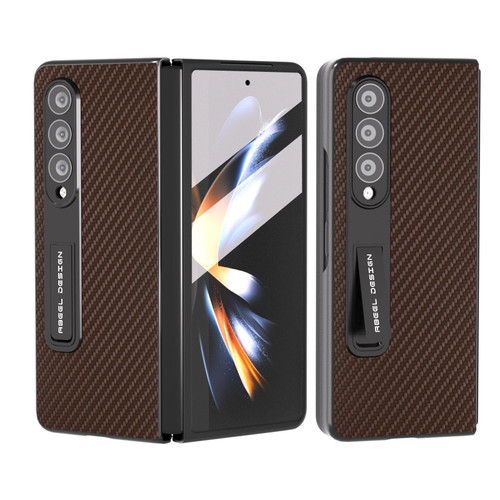 For Samsung Galaxy Z Fold3 5G Carbon Fiber Texture Integrated Protective Phone Case with Holder(Brown)