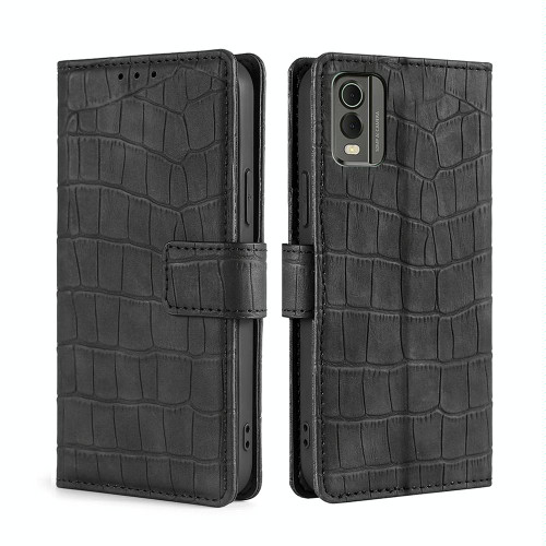 For Nokia C32 Skin Feel Crocodile Magnetic Clasp Leather Phone Case(Black)