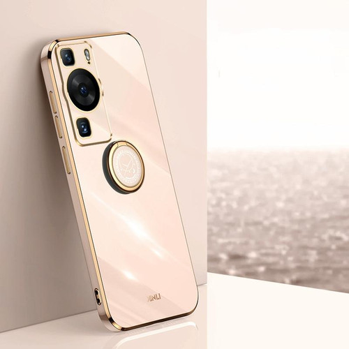 For Huawei P60 XINLI Straight Edge 6D Electroplate TPU Phone Case with Ring Holder(Pink)