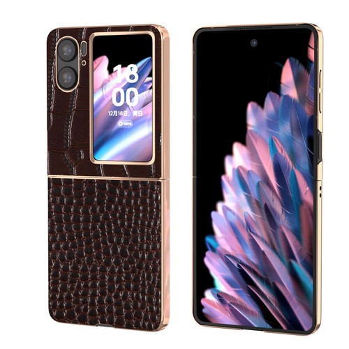 For OPPO Find N2 Flip Crocodile Texture Genuine Leather Nano Electroplating Phone Case(Coffee)